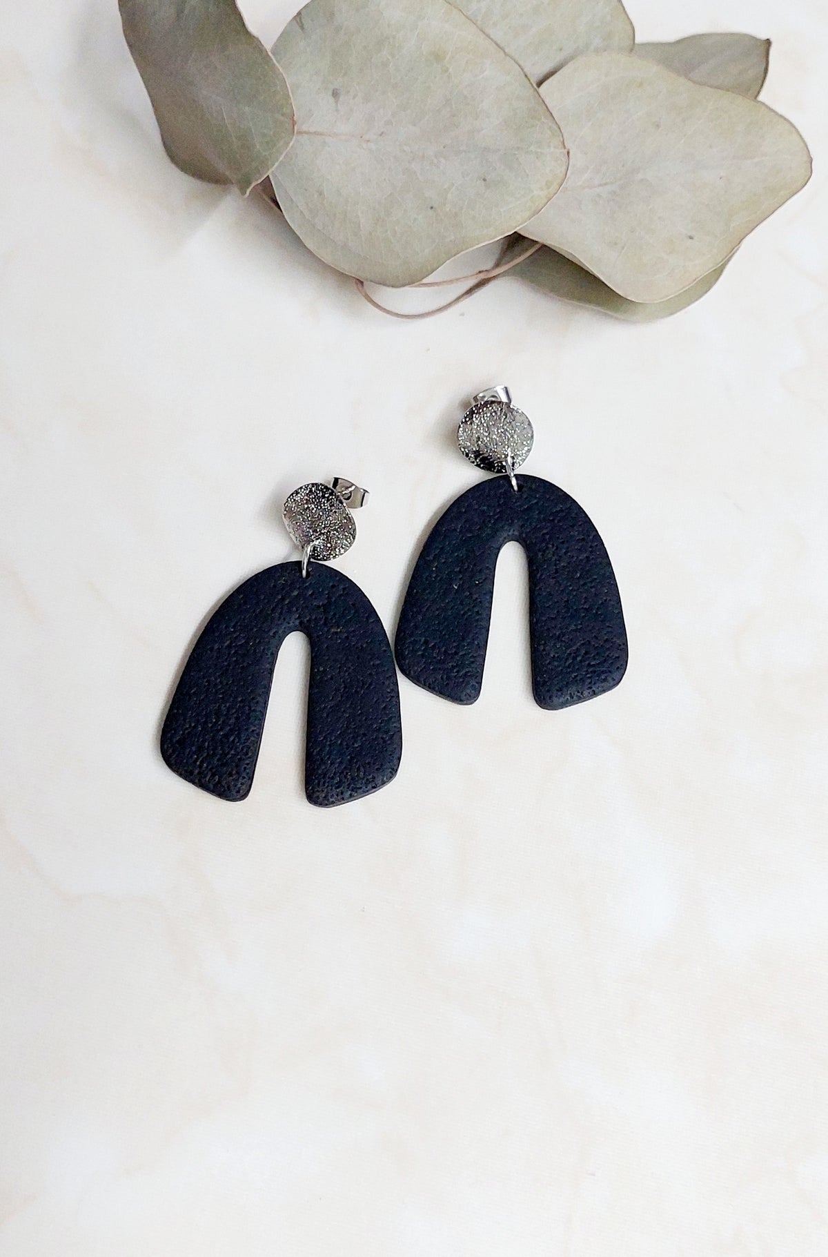 Arch-Shaped Handmade Dangle Polymer Clay Earrings- Black With Silver Accents
