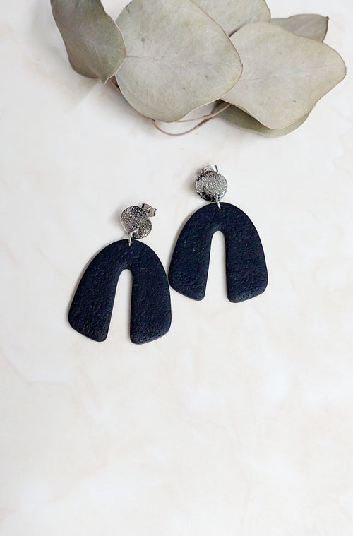 Arch-Shaped Handmade Dangle Polymer Clay Earrings- Black With Silver Accents