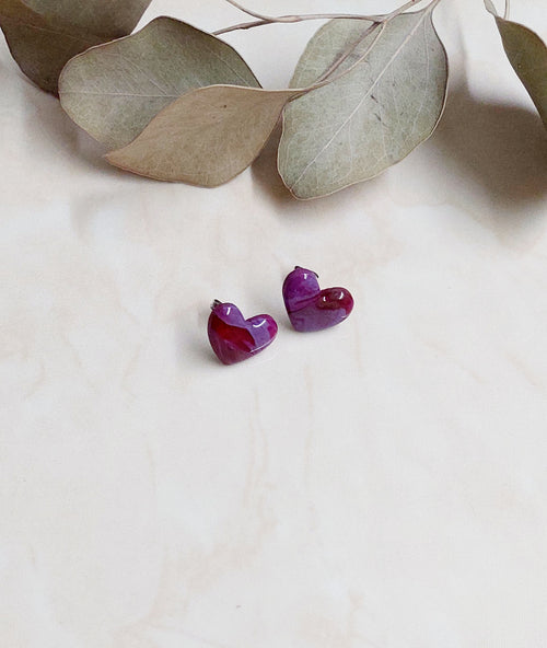 Heart Shape Polymer Clay Stud Earrings - Red & Purple