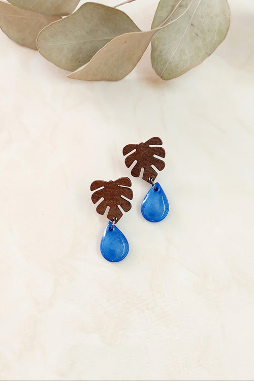 Handmade Dangle Polymer Clay Earrings- Blue With Wood