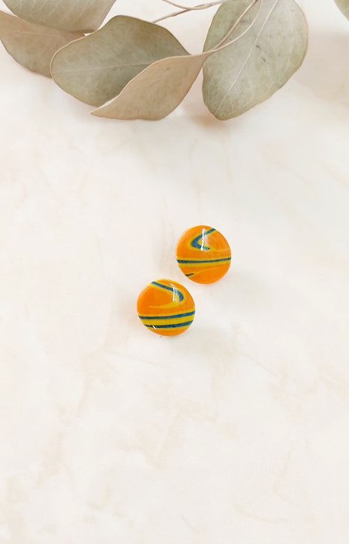Oval Polymer Clay Stud Earrings- Orange, Yellow & Blue