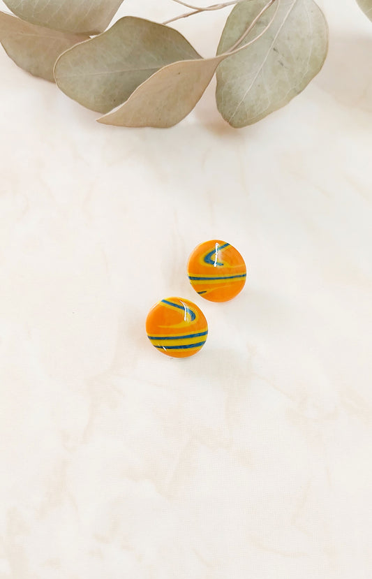 Oval Polymer Clay Stud Earrings- Orange, Yellow & Blue