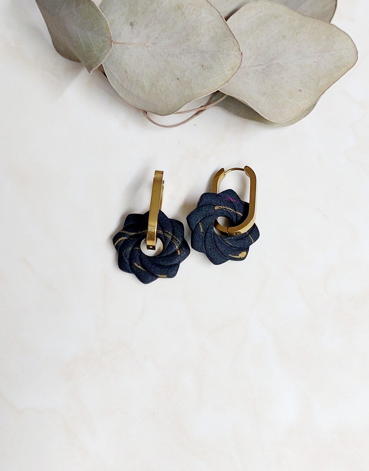 Handmade Dangle Polymer Clay Earrings- Black With Golden Hoops