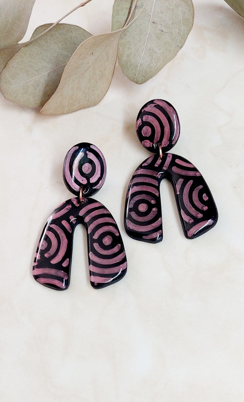 Dangle Polymer Clay Earrings- Black & Pink