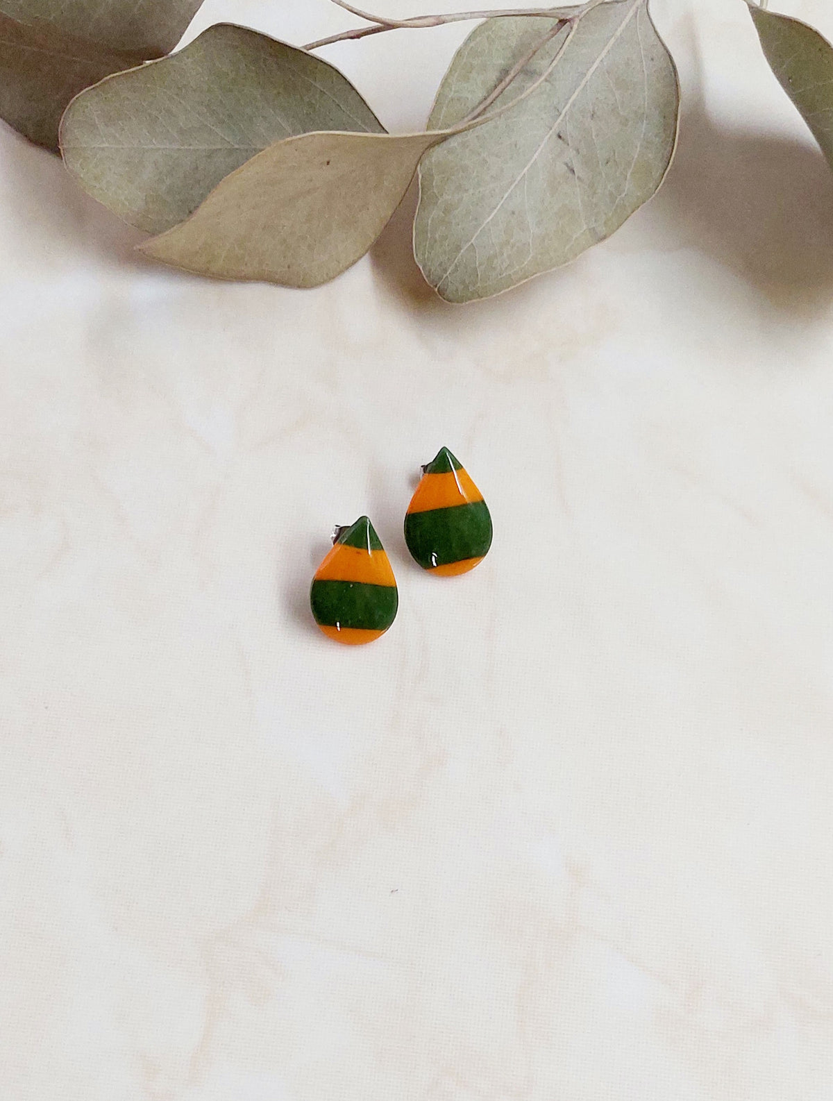 Drop Shape Stud Polymer Clay Earrings - Green & Orange Striped