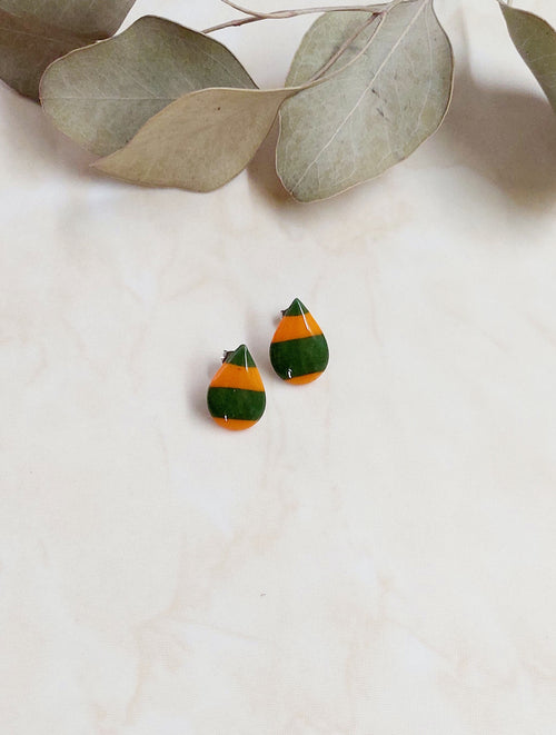 Drop Shape Stud Polymer Clay Earrings - Green & Orange Striped