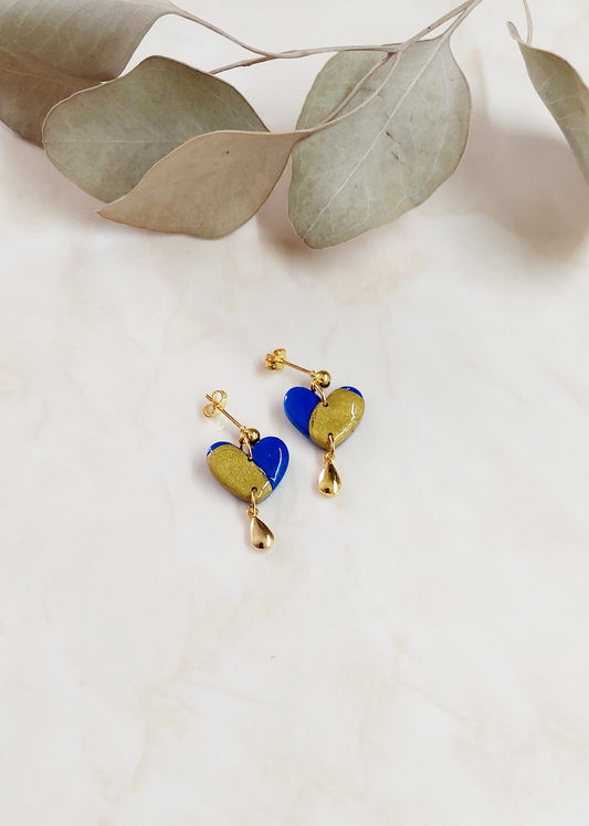 Heart-Shaped Polymer Clay Earrings- Blue & Gold With Golden Accents