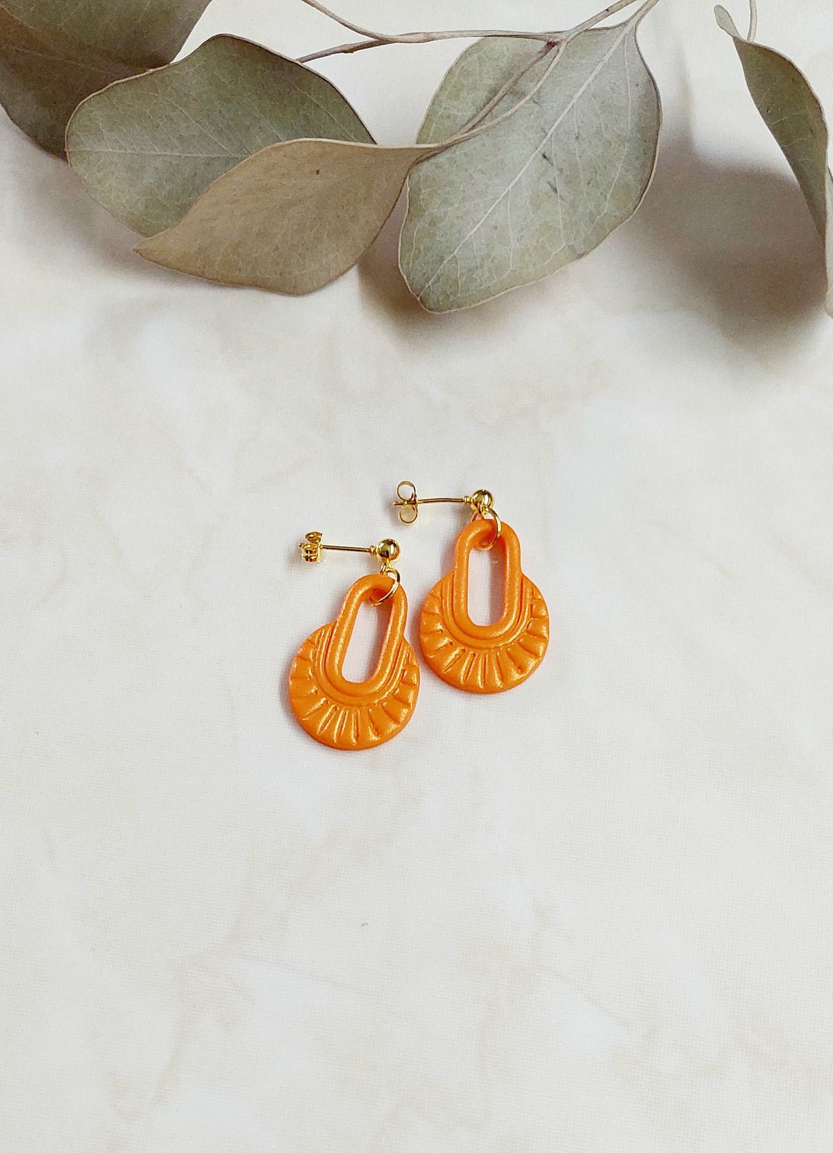 Handmade Dangle Polymer Clay Earrings- Orange With Golden Accents