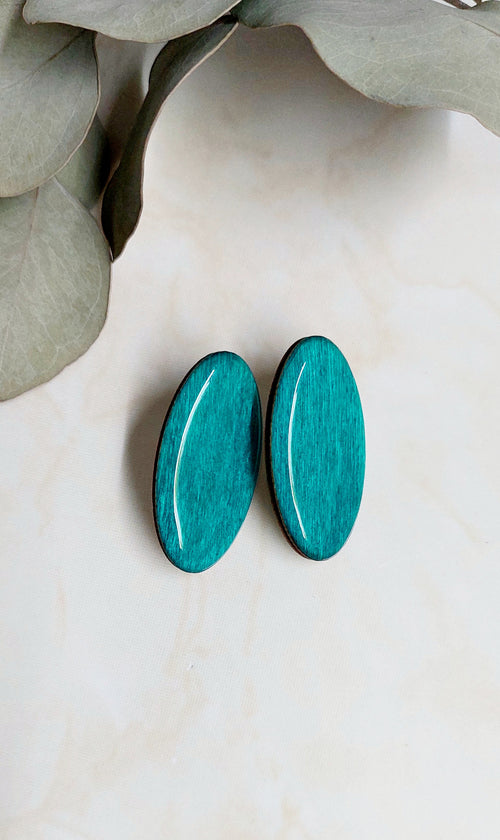 Wooden Oval Stud Earrings- Teal