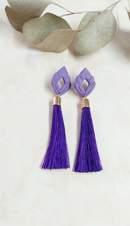 Handmade Polymer Clay Earrings With Silky Tassels- Purple With Golden Accents
