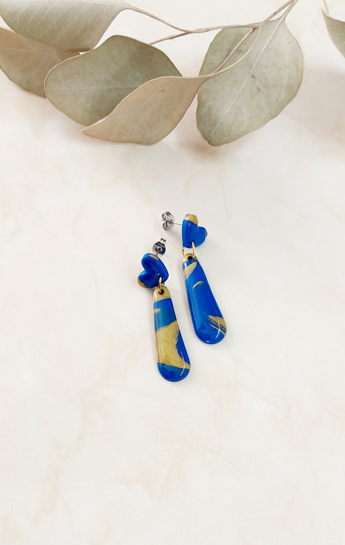 Dangle Handmade Polymer Clay Earrings- Blue & Gold