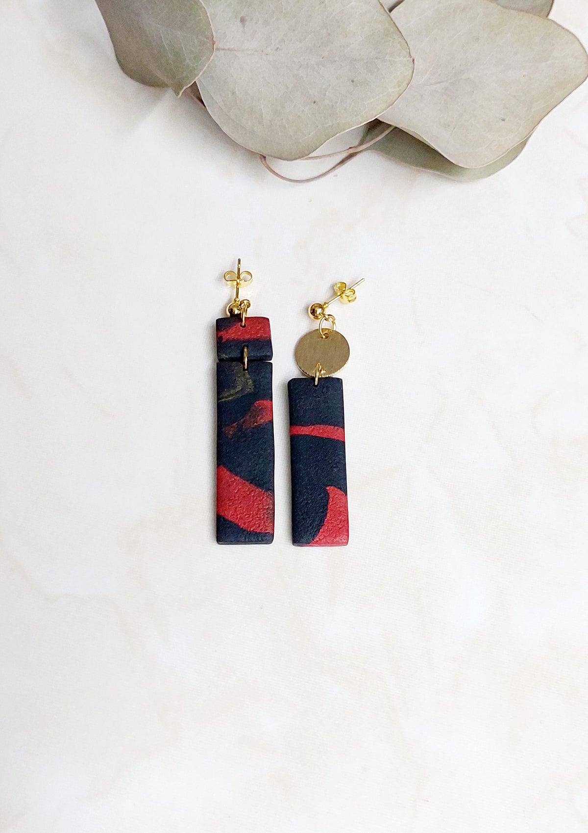 Handmade Dangle Polymer Clay Earrings- Black & Red With Golden Accents