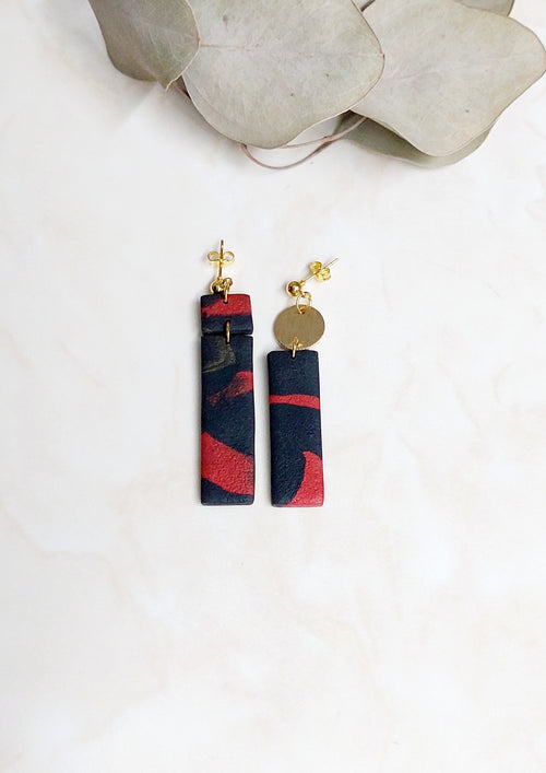Handmade Dangle Polymer Clay Earrings- Black & Red With Golden Accents