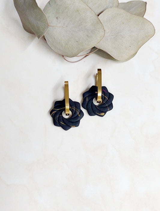 Handmade Dangle Polymer Clay Earrings- Black With Golden Hoops