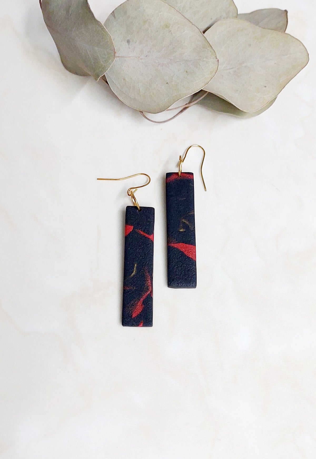 Handmade Dangle Polymer Clay Earrings- Black & Red With Golden Accents
