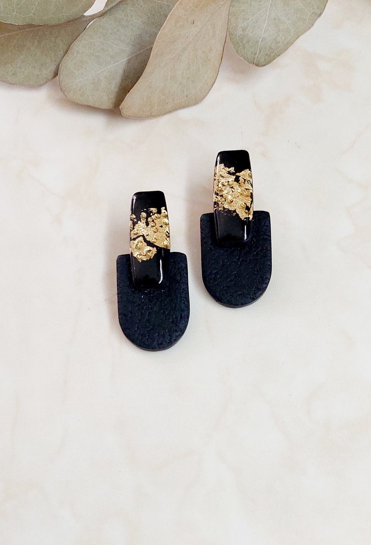 Handmade Polymer Clay Stud Earrings- Black & Gold