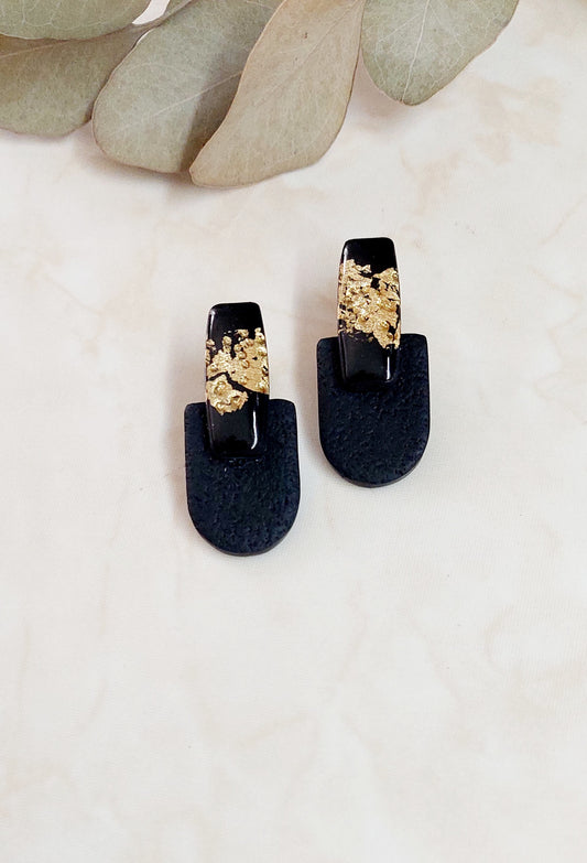 Handmade Polymer Clay Stud Earrings- Black & Gold