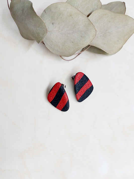 Handmade Stud Polymer Clay Earrings- Black & Red Striped