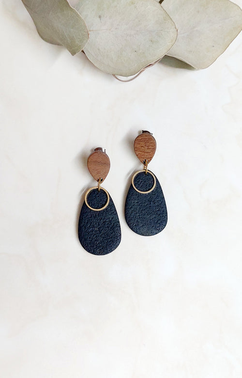 Handmade Dangle Polymer Clay Earrings- Black With Golden & Wooden Accents