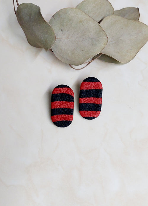 Handmade Stud Polymer Clay Earrings- Black & Red Striped