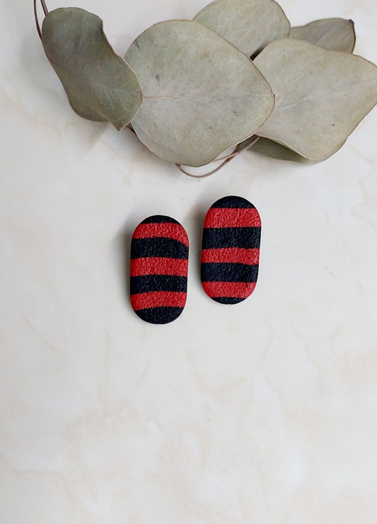 Handmade Stud Polymer Clay Earrings- Black & Red Striped